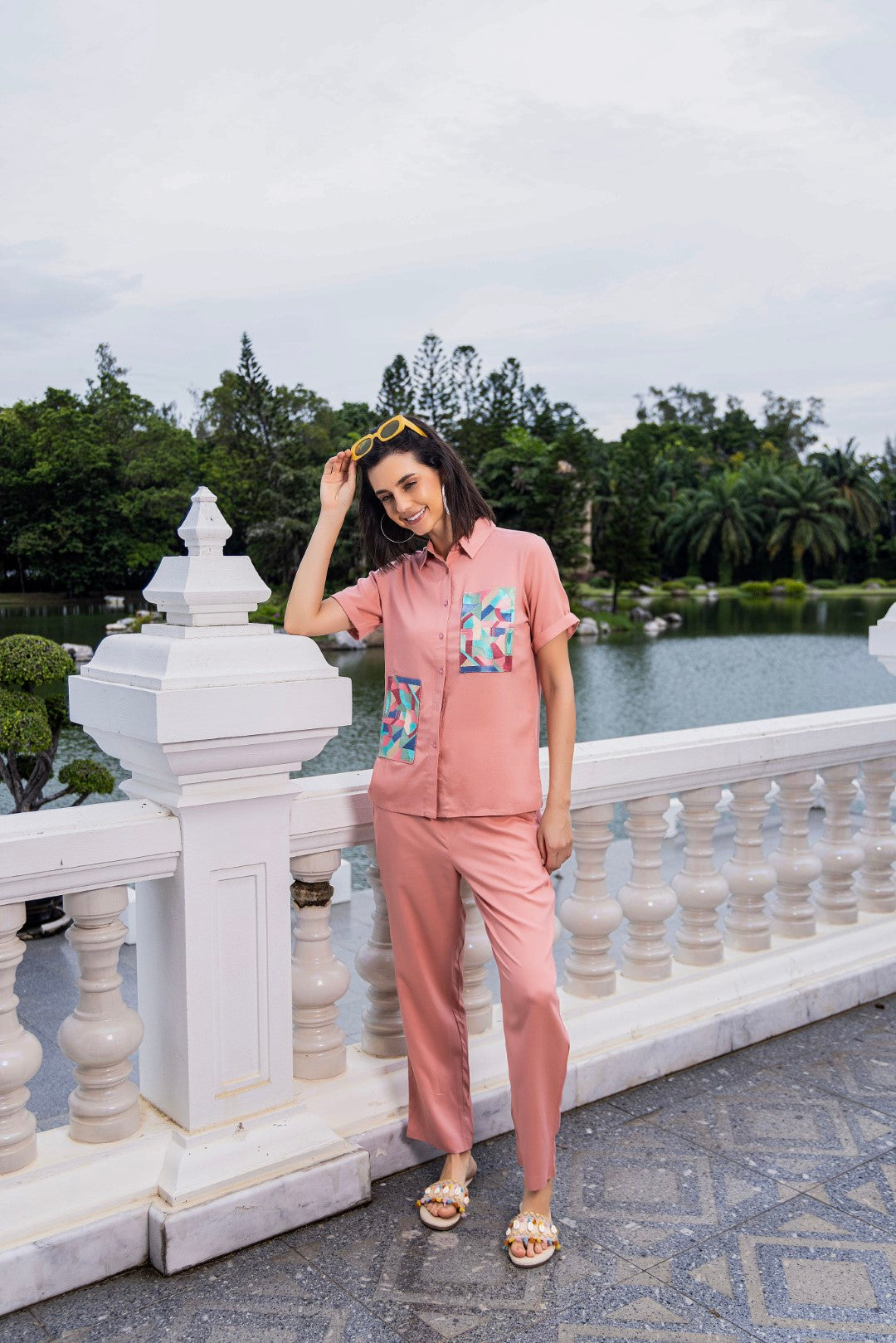 Rayon Embroidered Coral Co-Ord Set