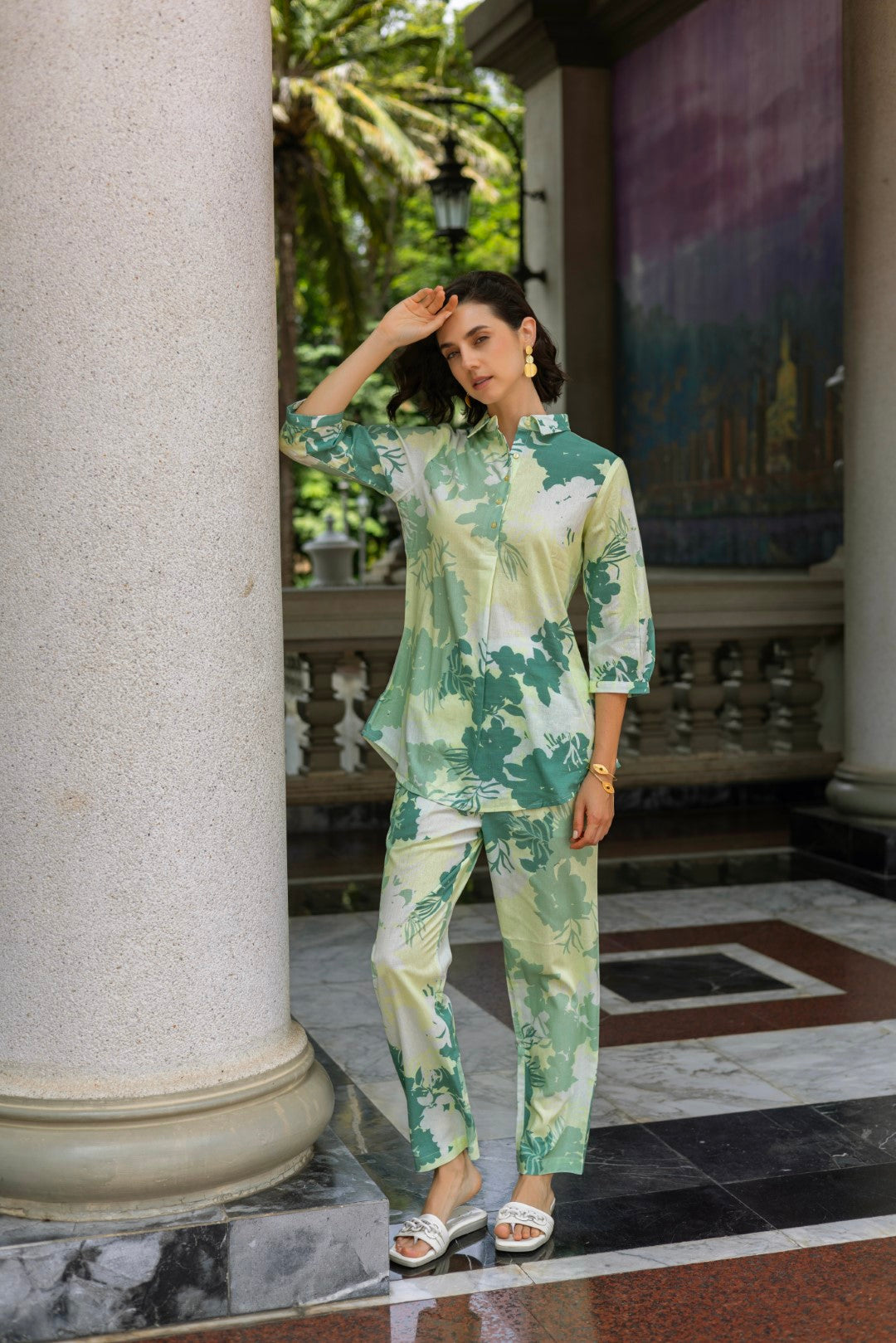 Cotton All Over Print Pista Green Lumiere Luxe-Premium Co-Ord Set