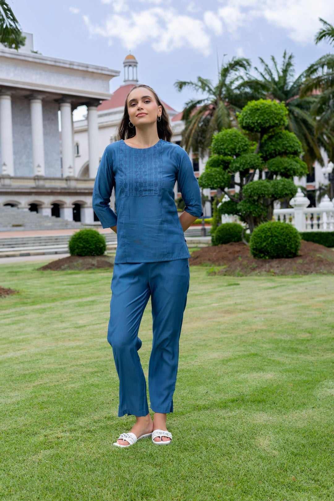 Roman Silk Chest Print Ibiza Blue Co-Ord Set