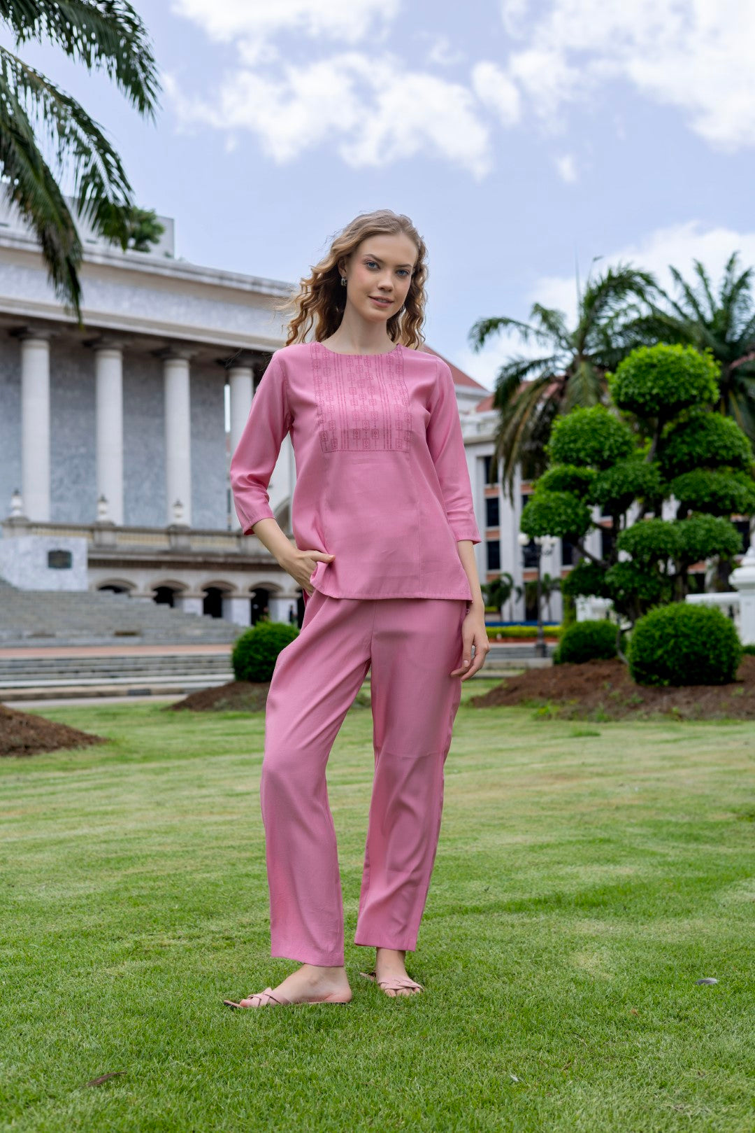 Roman Silk Chest Print Candy Pink Co-Ord Set