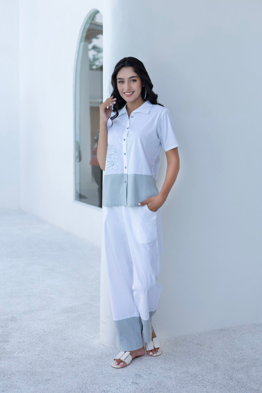 Poplin Embroidered White Lumiere Luxe-Premium Co-Ord Set