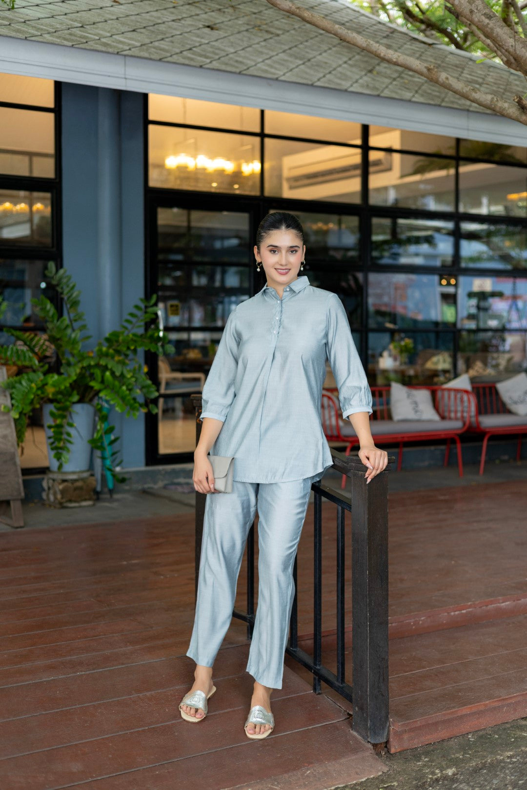 Roman Silk Solid Sky Blue Lumiere Luxe-Premium Co-Ord Set