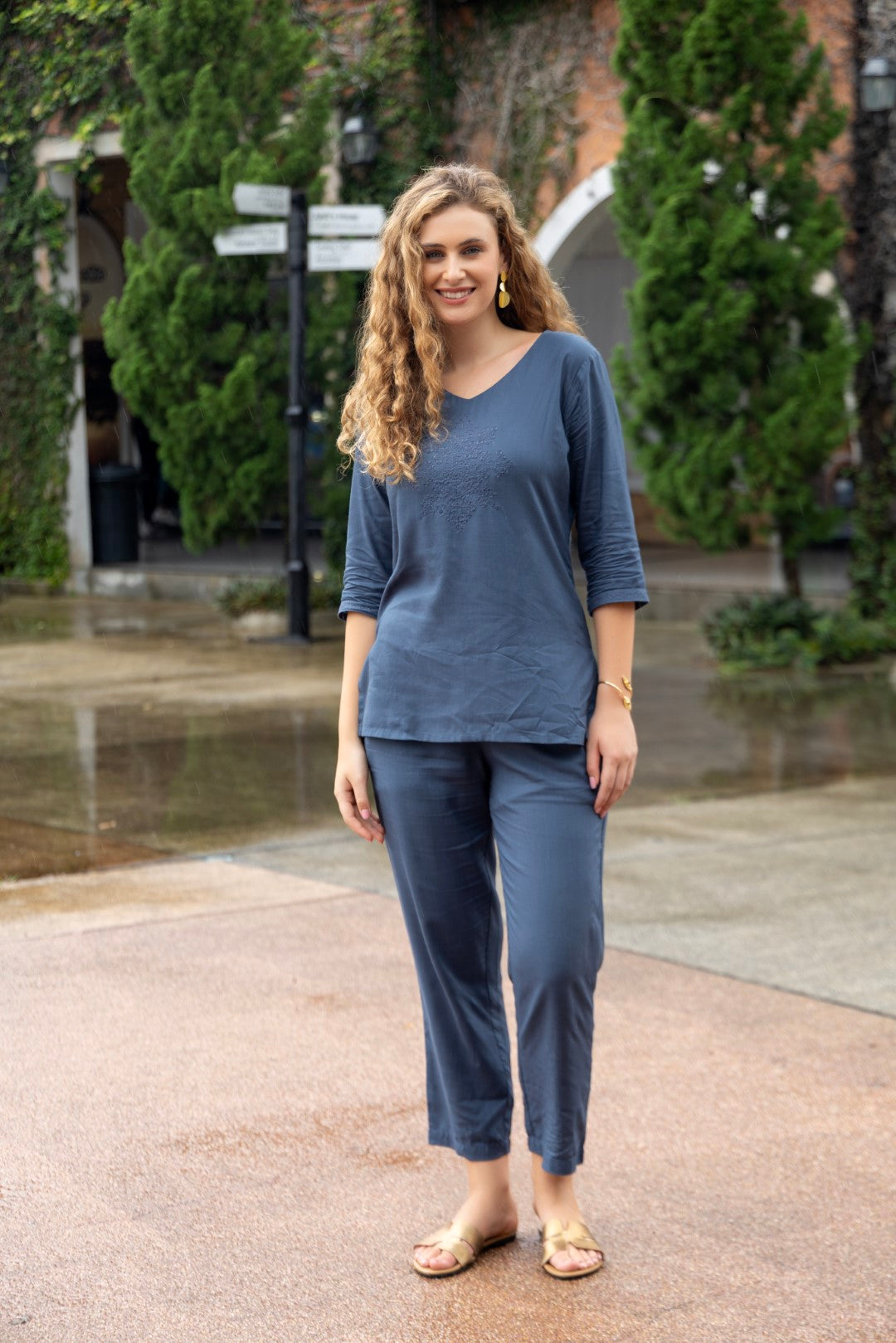 Rayon Embroidered Teal Co-Ord Set