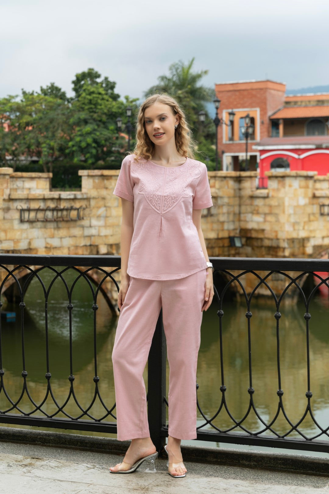 Cotton Chest Print Light Pink Co-Ord Set