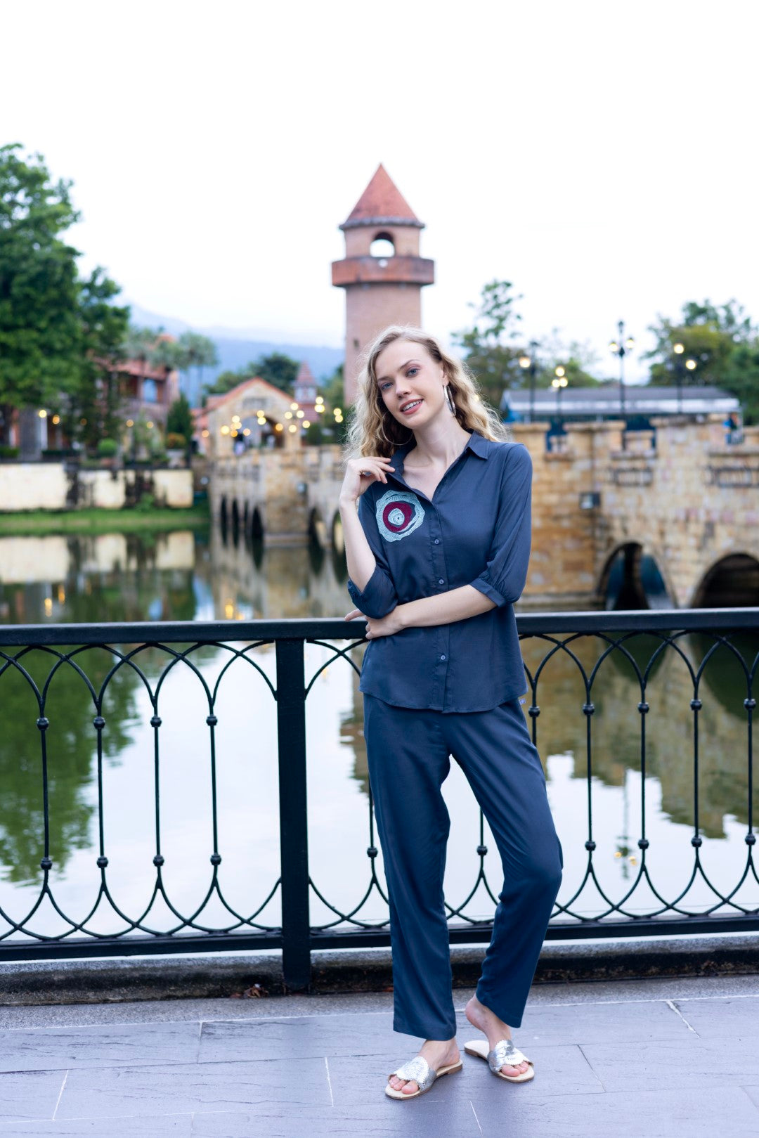 Rayon Embroidered Navy Blue Co-Ord Set