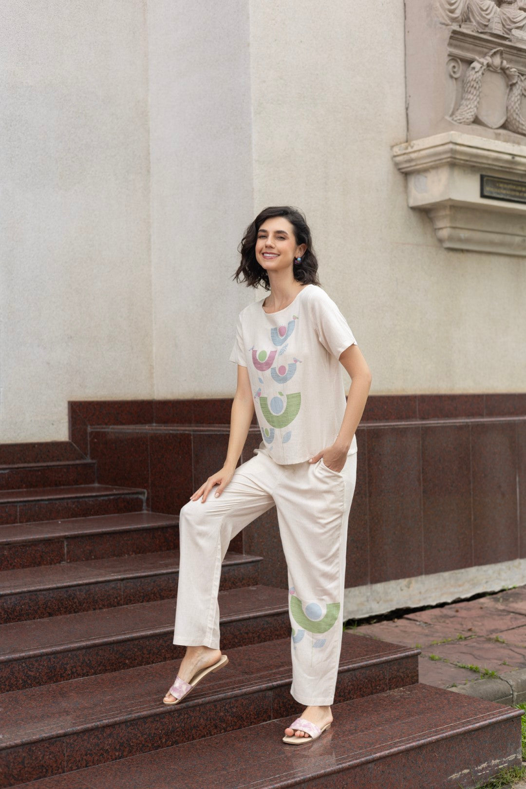 Rayon Chest Print Natural Lumiere Luxe-Premium Co-Ord Set