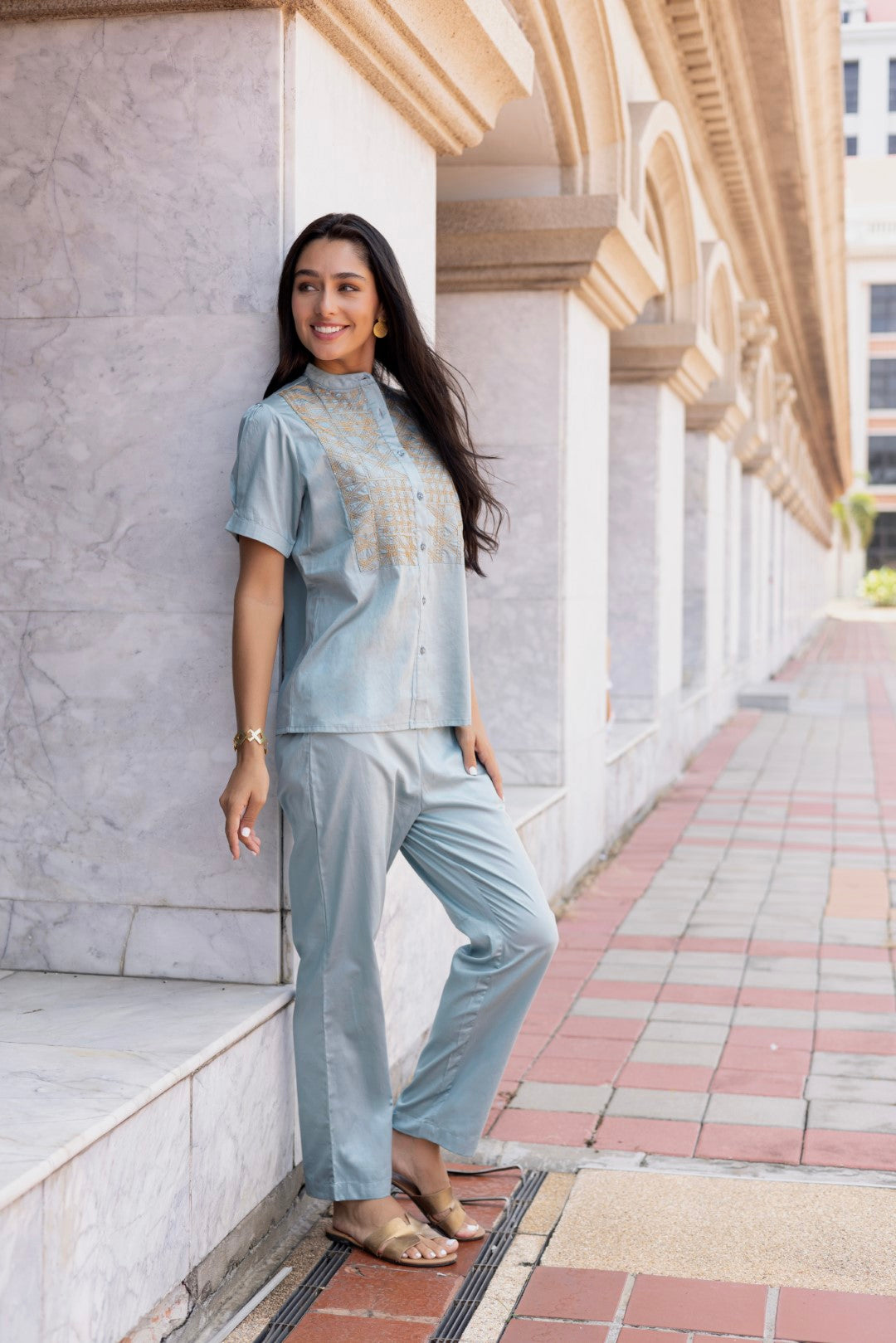 Roman Silk Embroidered Powder Blue Co-Ord Set