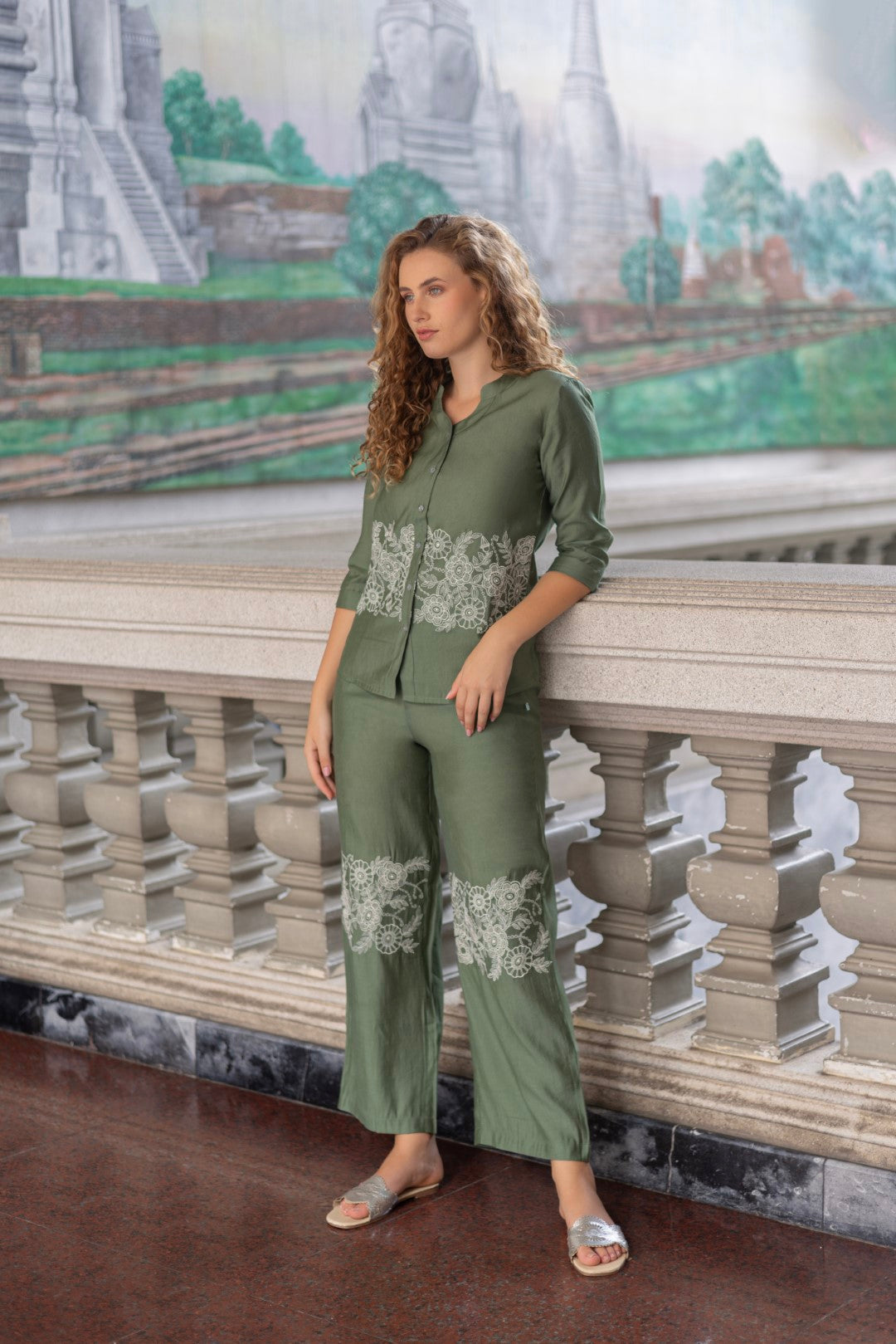 Roman Silk Embroidered Moss Green Lumiere Luxe-Premium Co-Ord Set