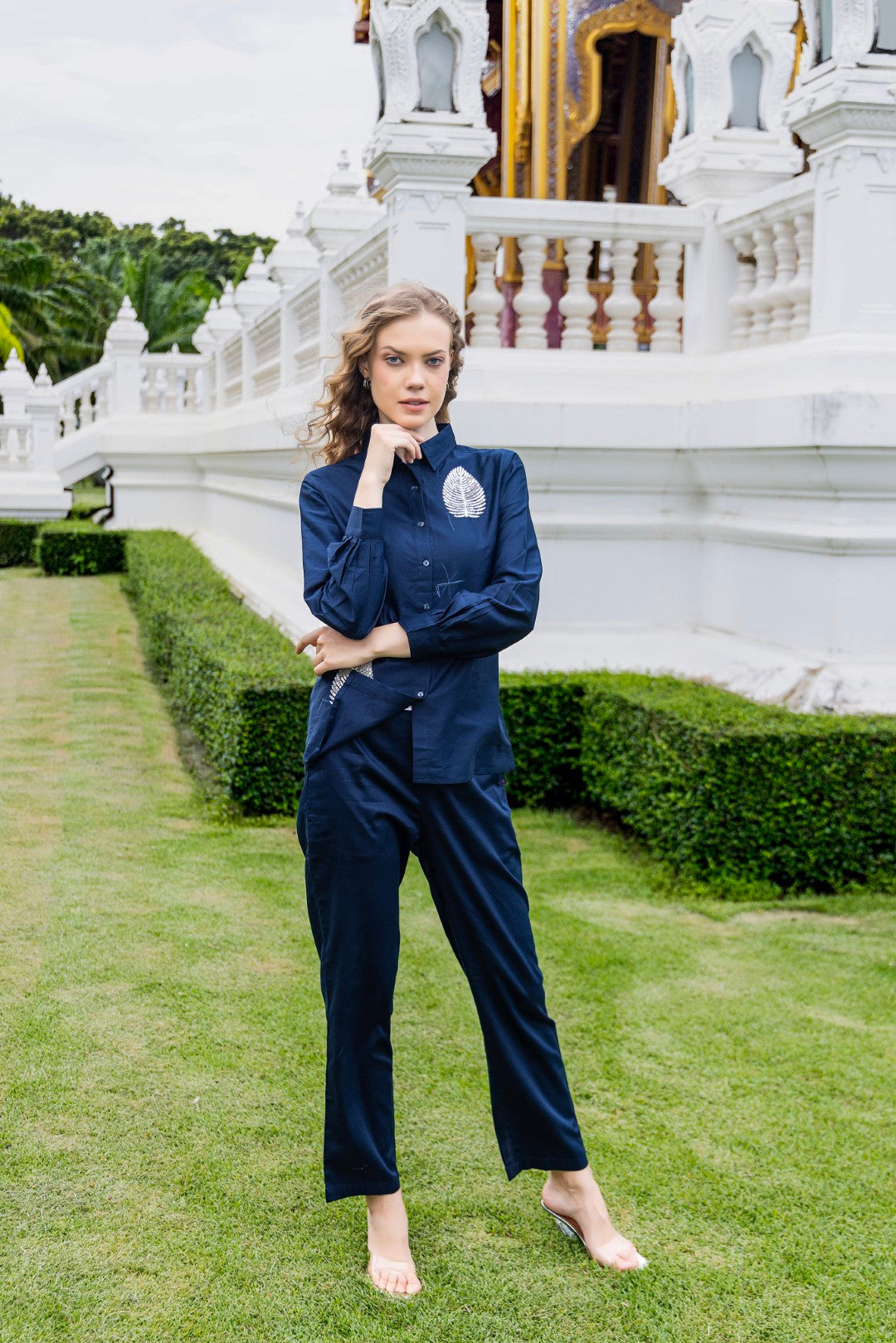 Cotton Satin Embroidered Navy Lumiere Luxe - Premium Co-Ord Set