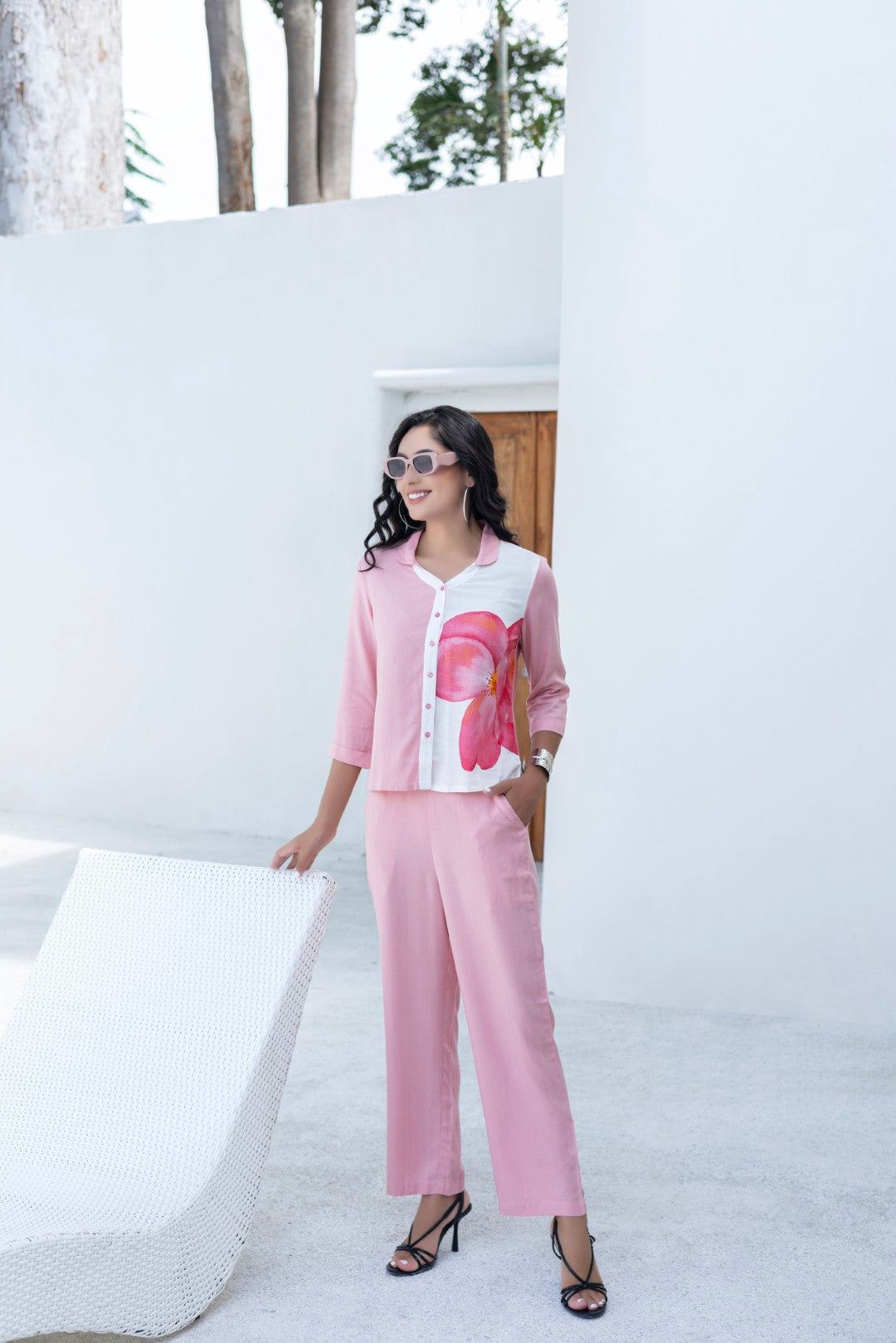 Flora Dobby Chest Print Peach All-Day Attire - Co-Ord Set
