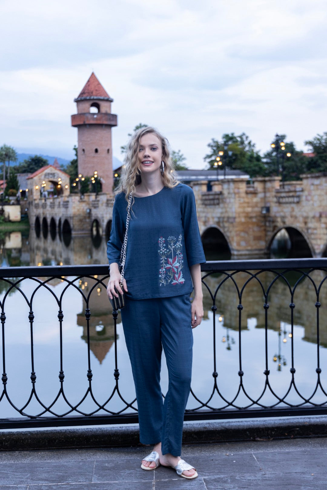 Cotton Blend Embroidered Blue All-Day Attire - Co-Ord Set