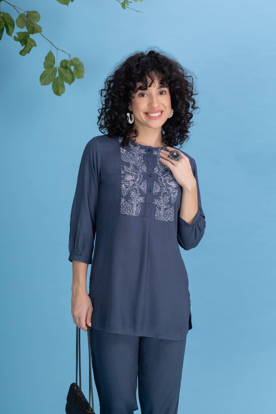 Rayon Slub Embroidered Dull Blue All-Day Attire - Co-Ord Set