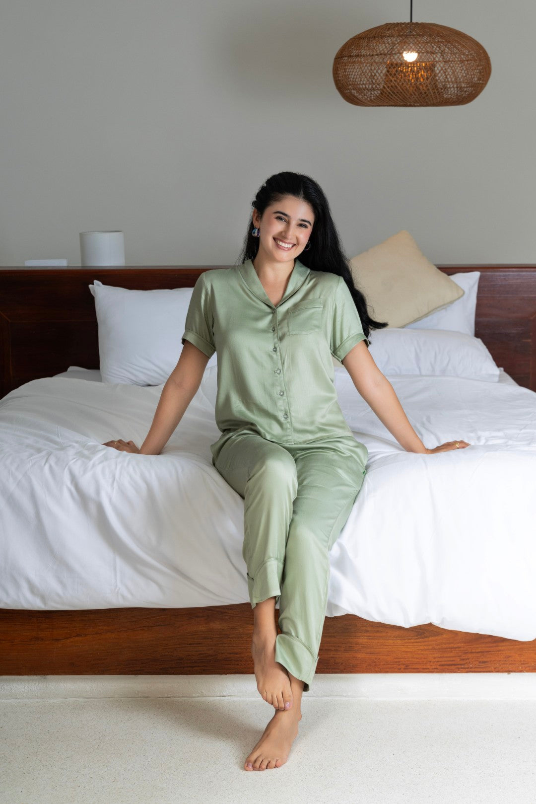 Armani Satin Solid Light Green Lounge Wear Co-Ord Set