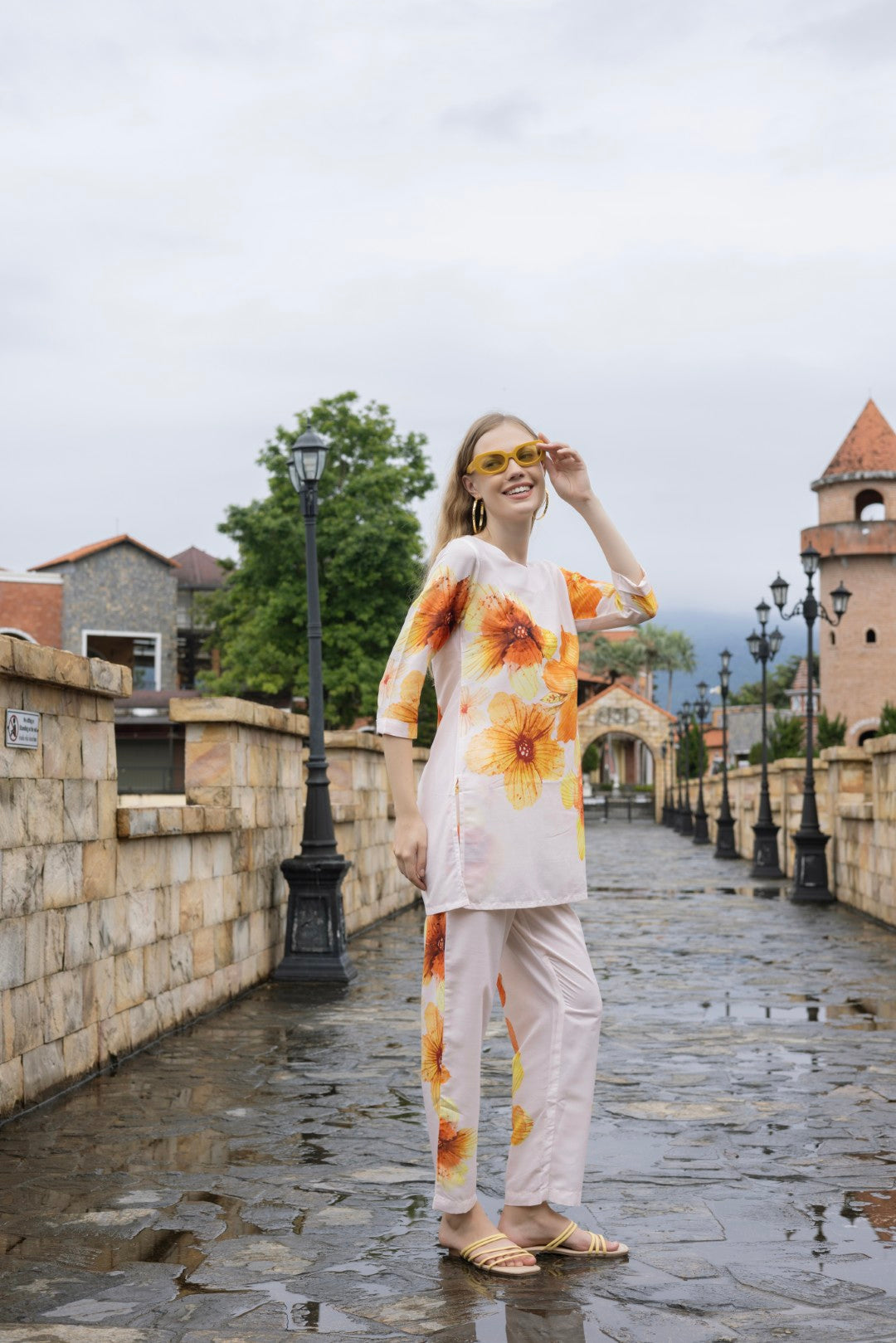 Poly Muslin Aop Off White Lounge Wear Co-Ord Set