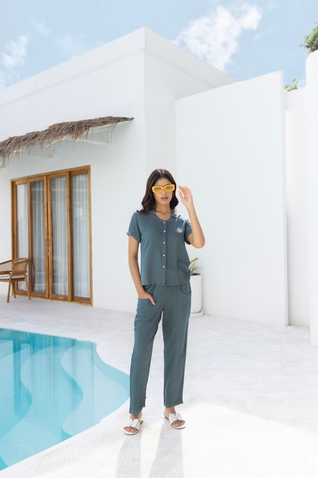 Flora Dobby Solid Teal Lounge Wear Co-Ord Set