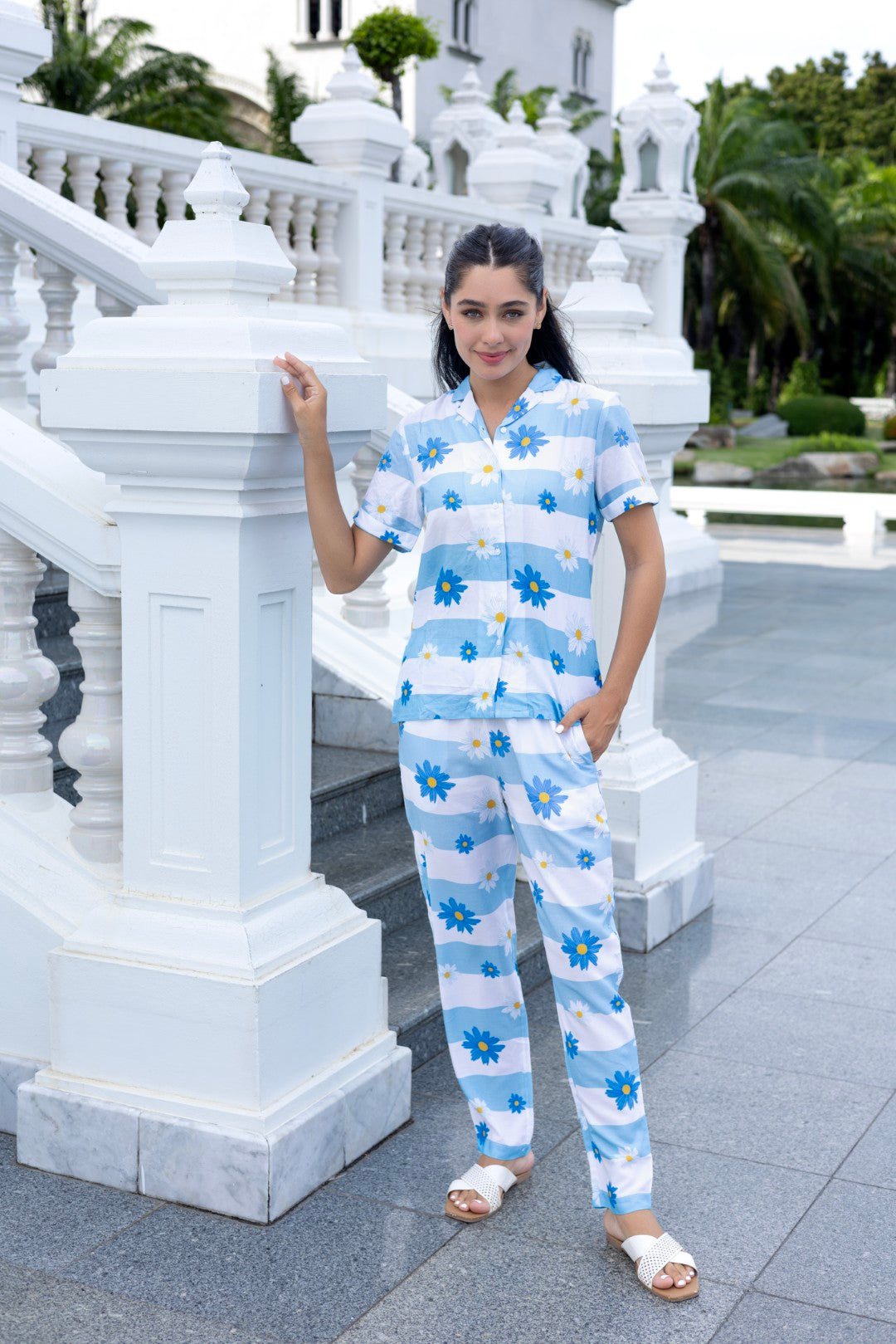 Rayon Aop Light Blue Lounge Wear Co-Ord Set
