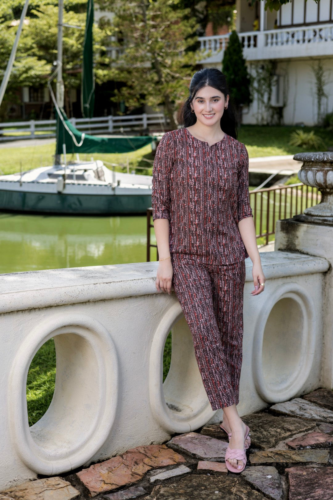 Poly Viscose Aop Dark Rust Lounge Wear Set