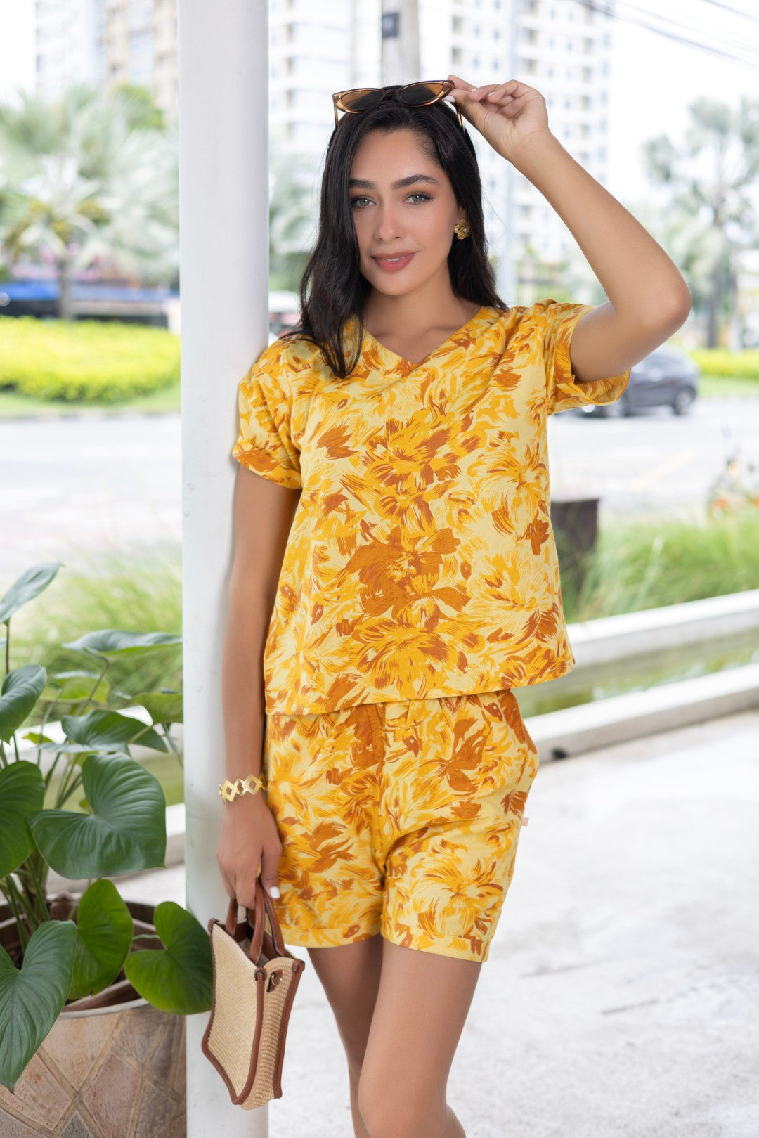 Cotton Blend Aop Yellow Shorts Sets
