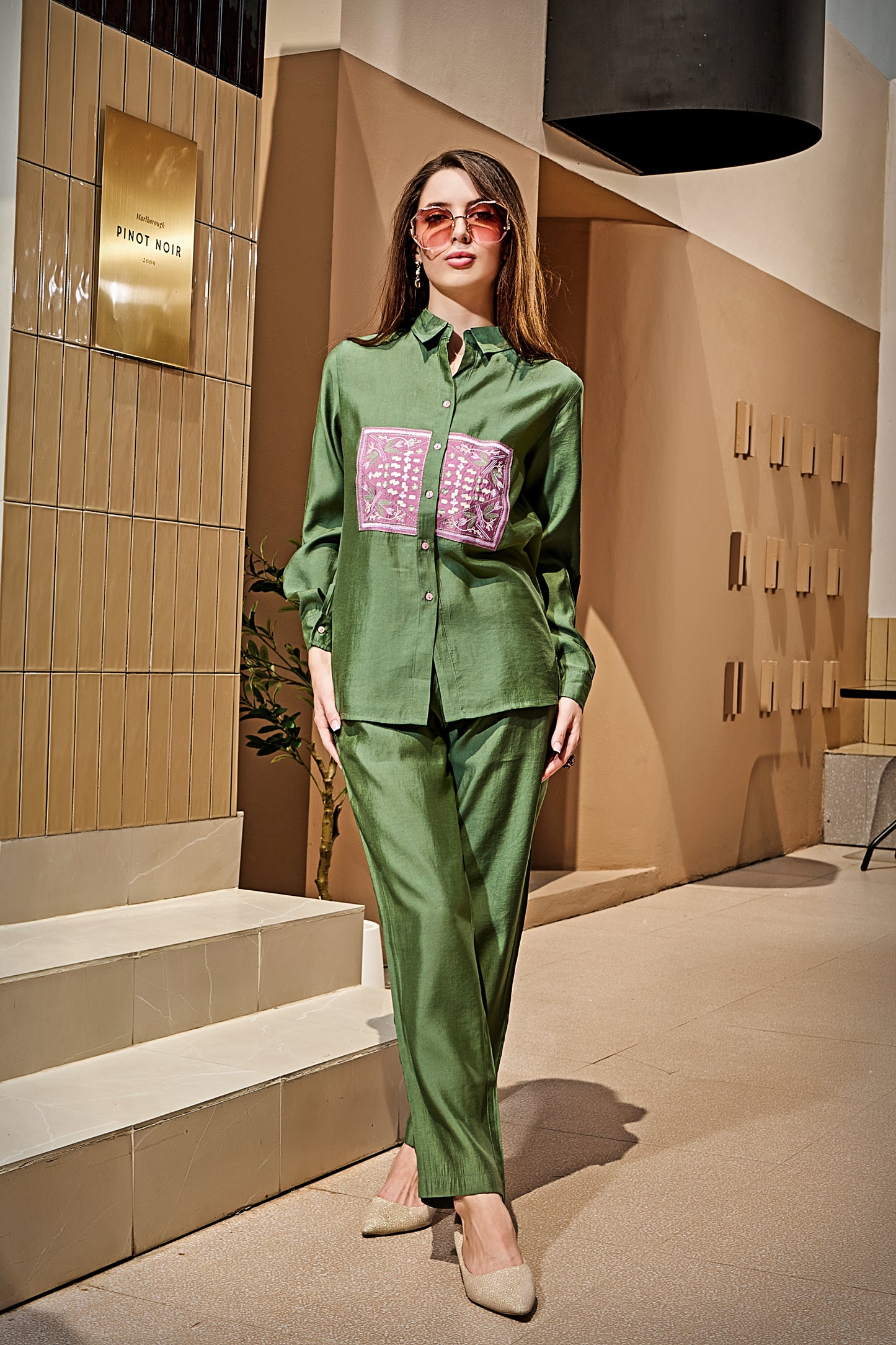 Luxe Silk Olive Embroidery Co-Ord Set