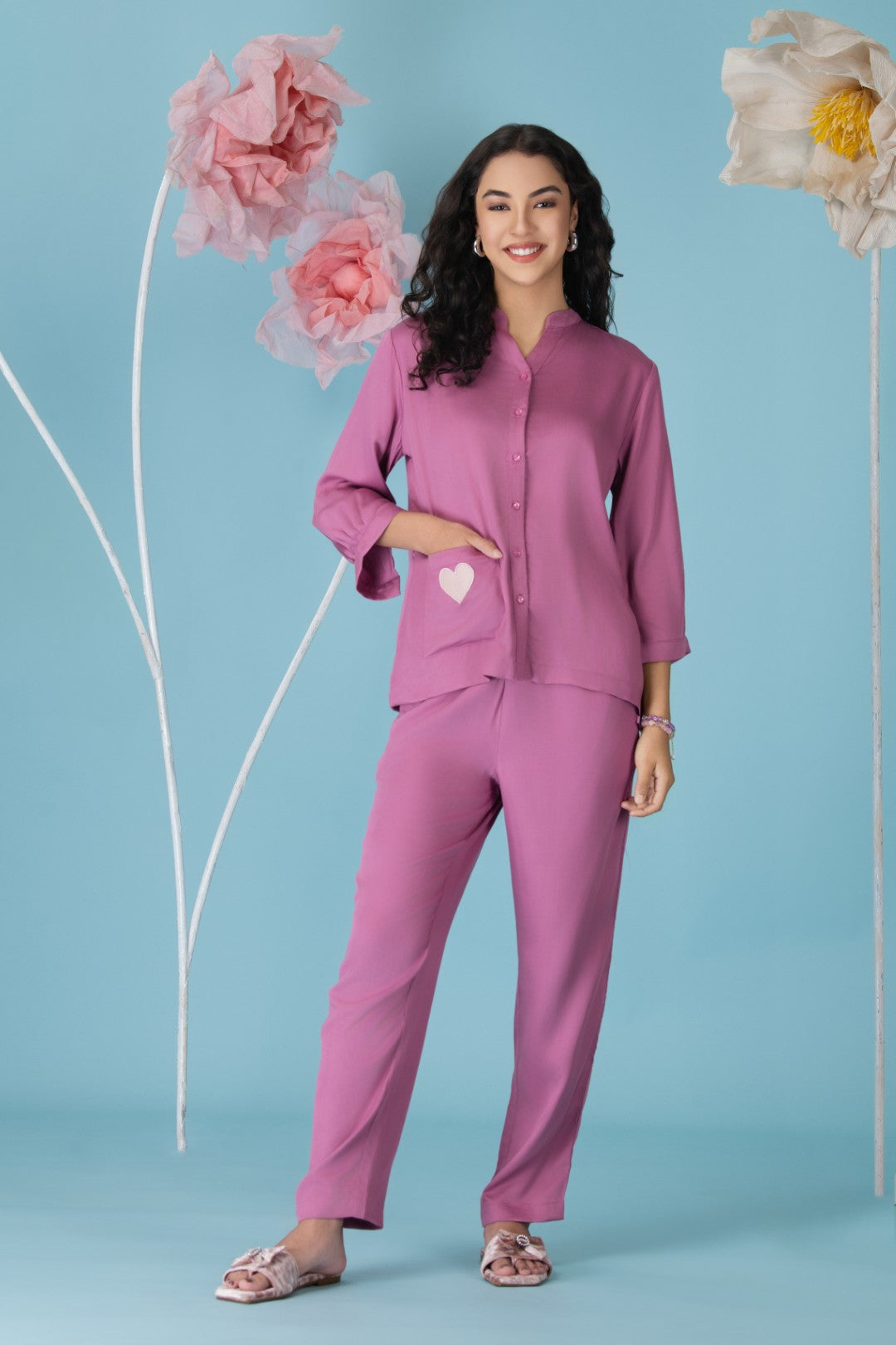 Viscose Satin Fuchsia Embroidery Co-Ord Set
