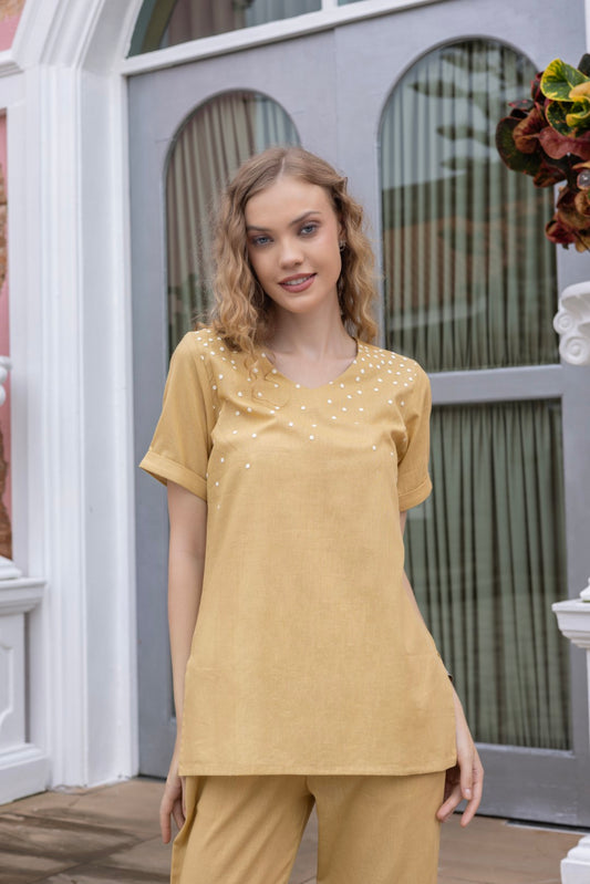 Cotton Chest Print Butter Cream Co-Ord Set