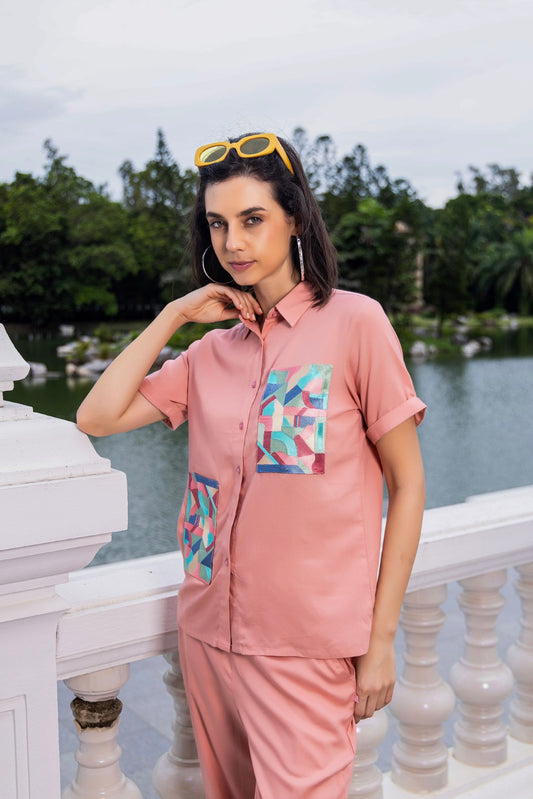 Rayon Embroidered Coral Co-Ord Set