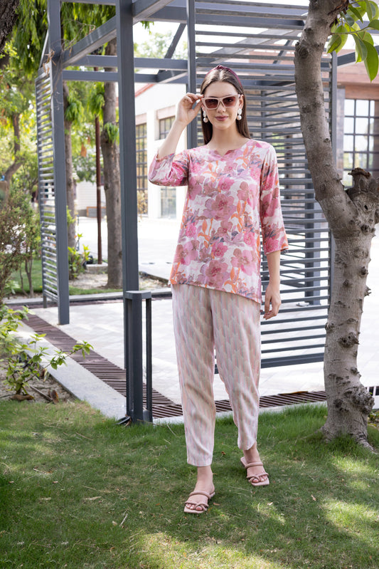 Viscose Blend Floral Pink All Over Print Ethnic Set