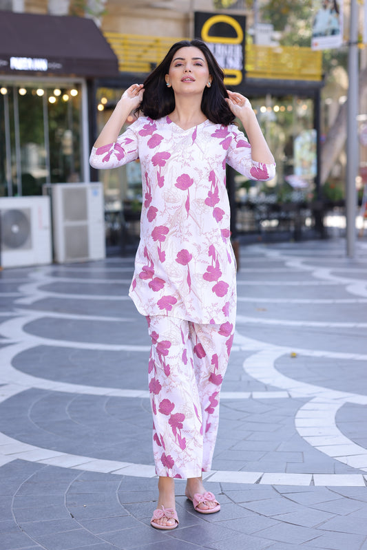 Lilac Bloom Kurti Pyjama Set