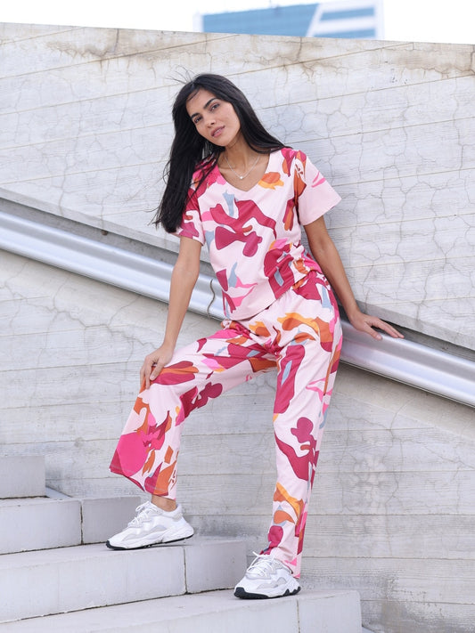 Looper lycra Abstract Pink Printed Co-ord set