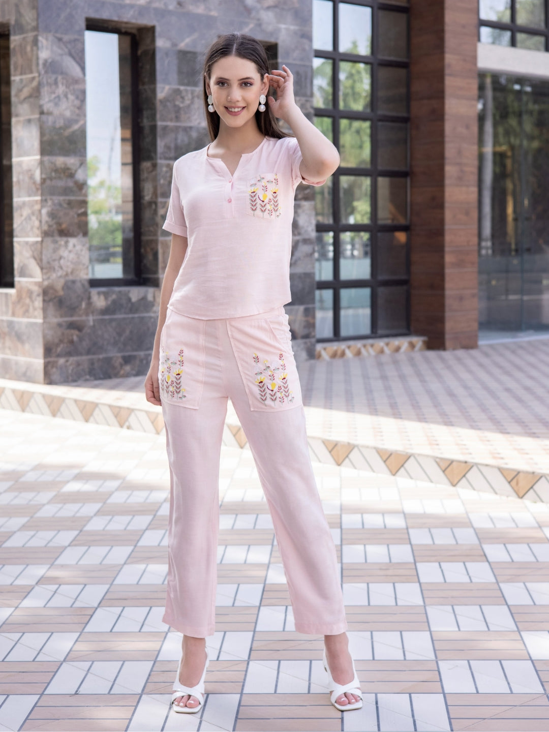 Viscose Linen Natural Embroidery Co-Ord Set