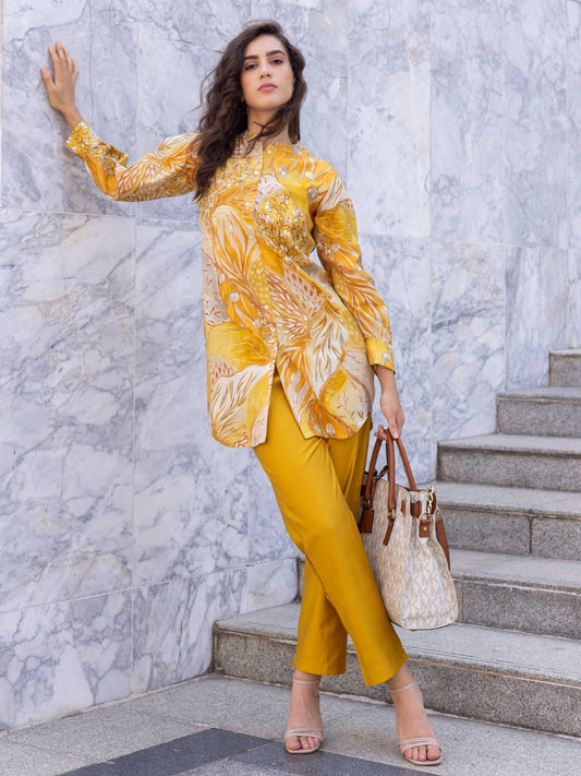 Modal Muslin Orange Gold All Over Print Kurti Set