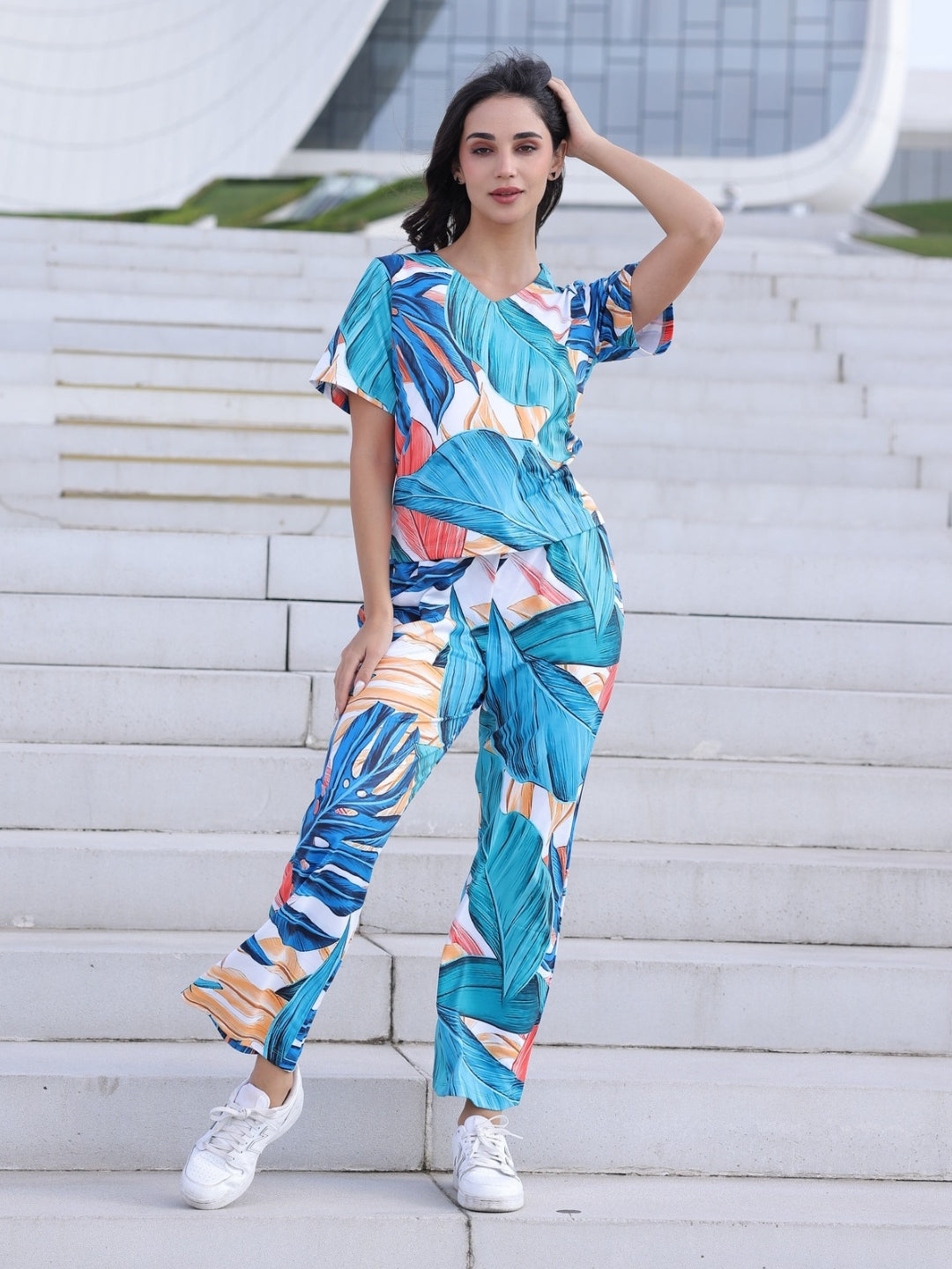 Looper lycra Tropical Blue Printed Co-ord set