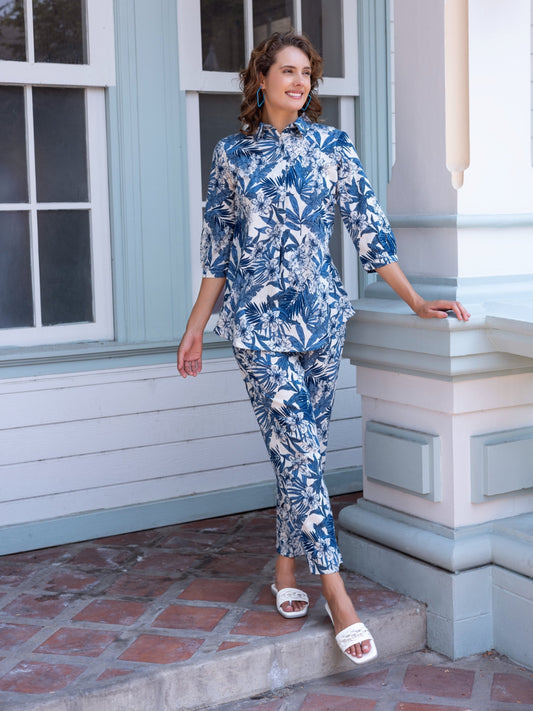 Cotton Linen Indigo Blue All Over Print Co-Ord Set