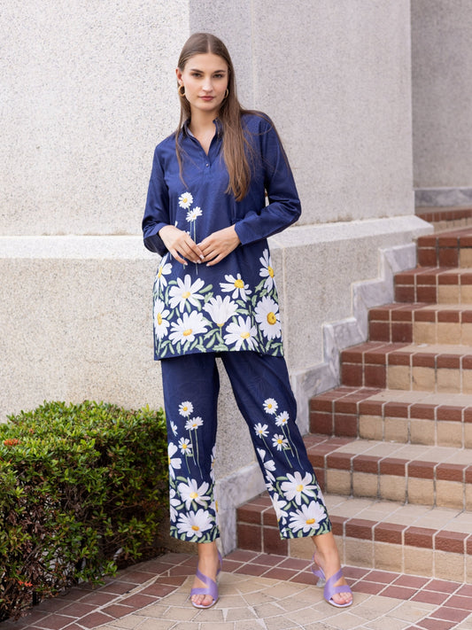 Rayon Touch Blue Placement Print Co-Ord Set