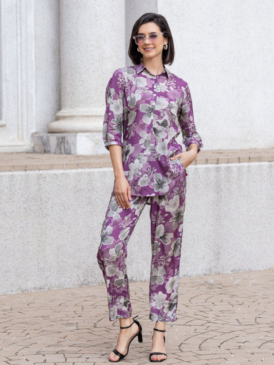 Paper Silk Sheen Purple All Over Print Co-Ord Set