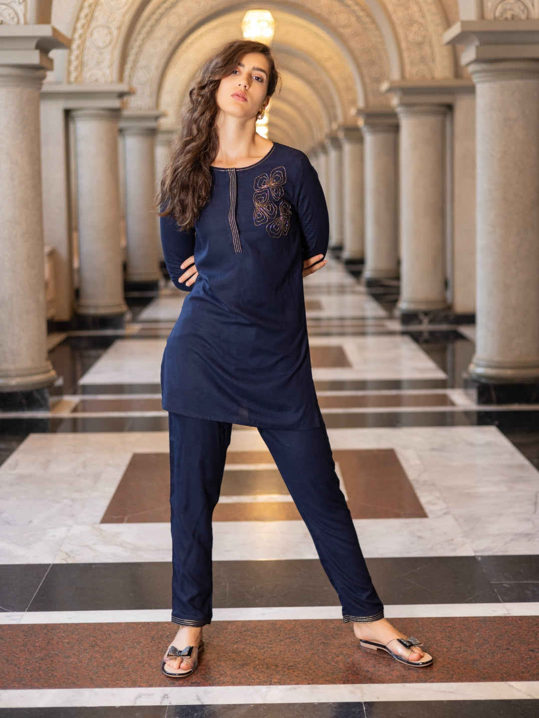 Liva Viscose Blue Embroidery Co-Ord Set