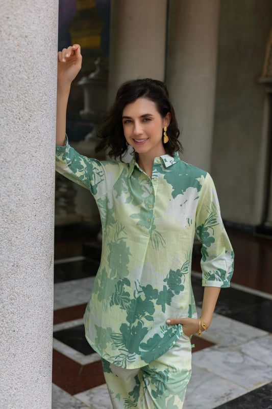 Cotton All Over Print Pista Green Lumiere Luxe-Premium Co-Ord Set