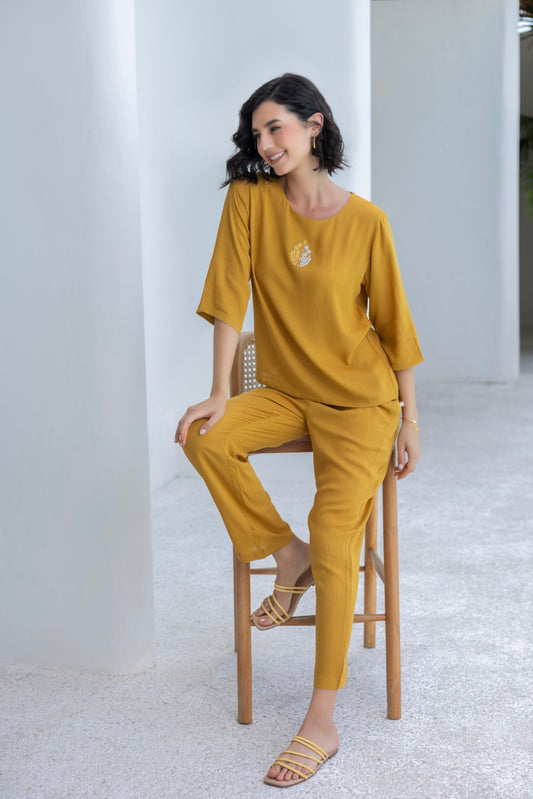 Rayon Embroidered Mustard Co-Ord Set