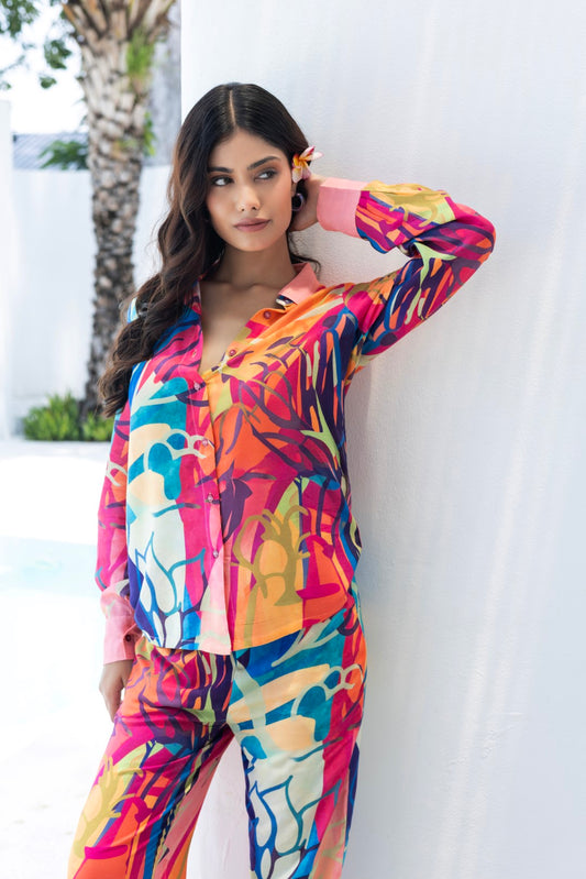 Rayon All Over Print Multi Fuchsia Lumiere Luxe-Premium Co-Ord Set