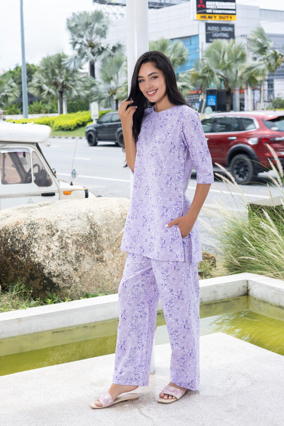 Cotton All Over Print Lavender V Slit Neck Ethnic Set