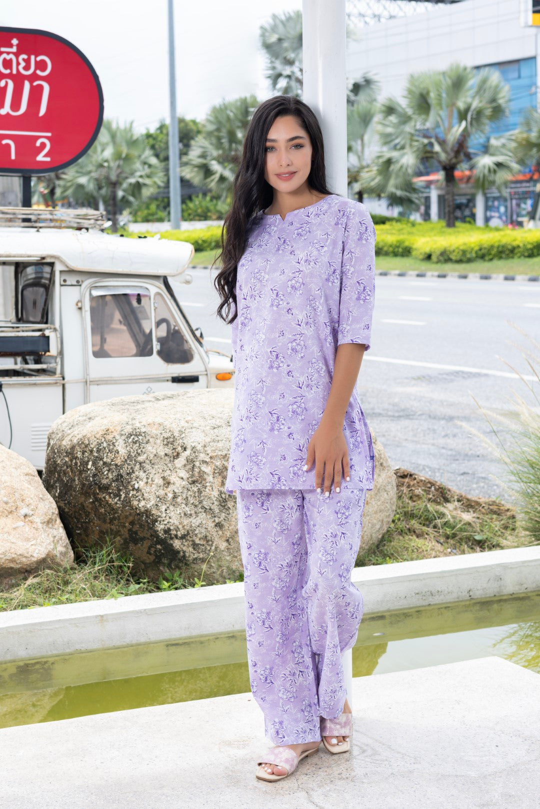 Cotton All Over Print Lavender V Slit Neck Ethnic Set