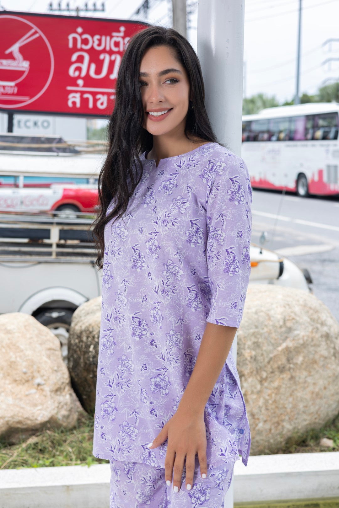 Cotton All Over Print Lavender V Slit Neck Ethnic Set