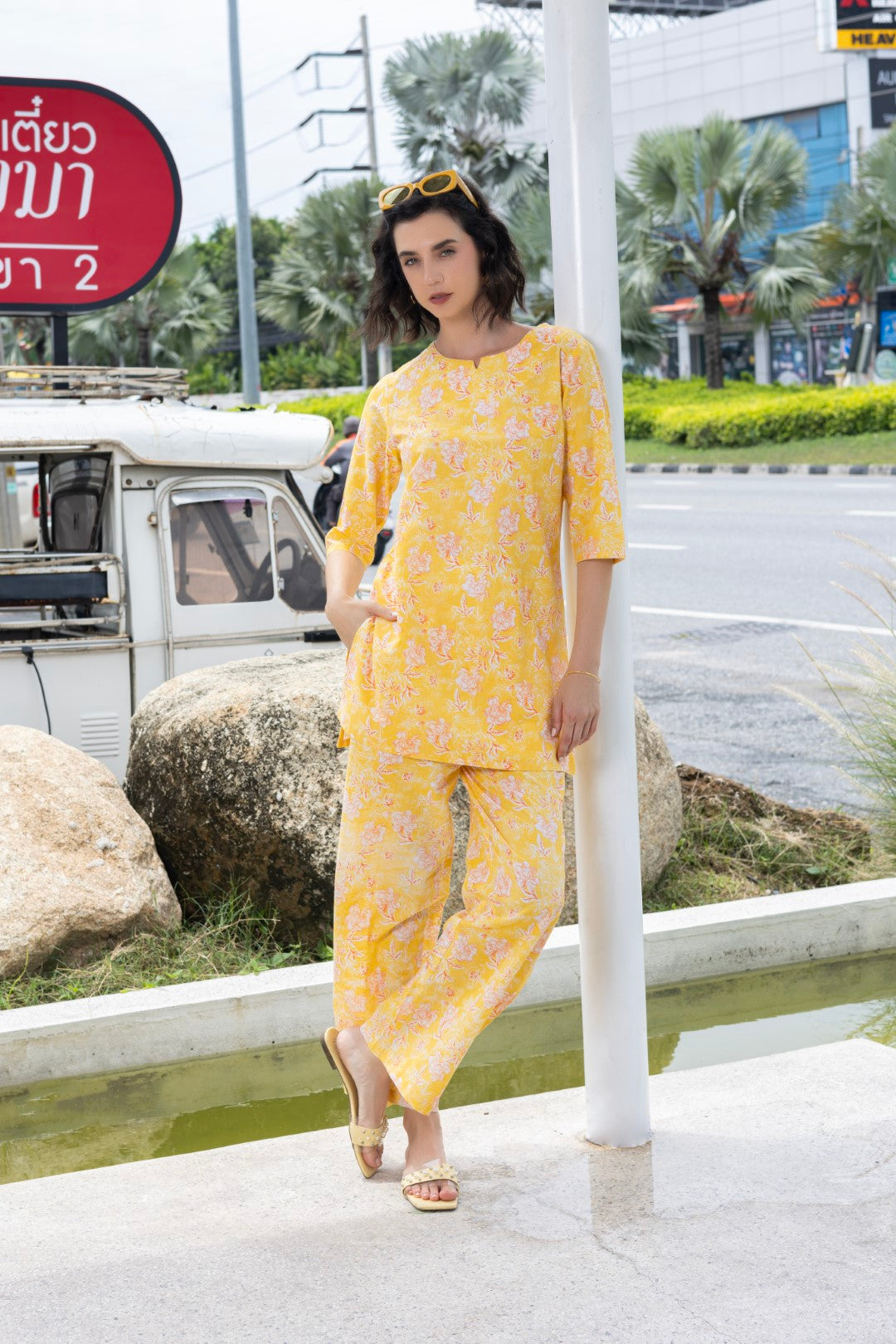 Cotton All Over Print Yellow V Slit Neck Ethnic Set