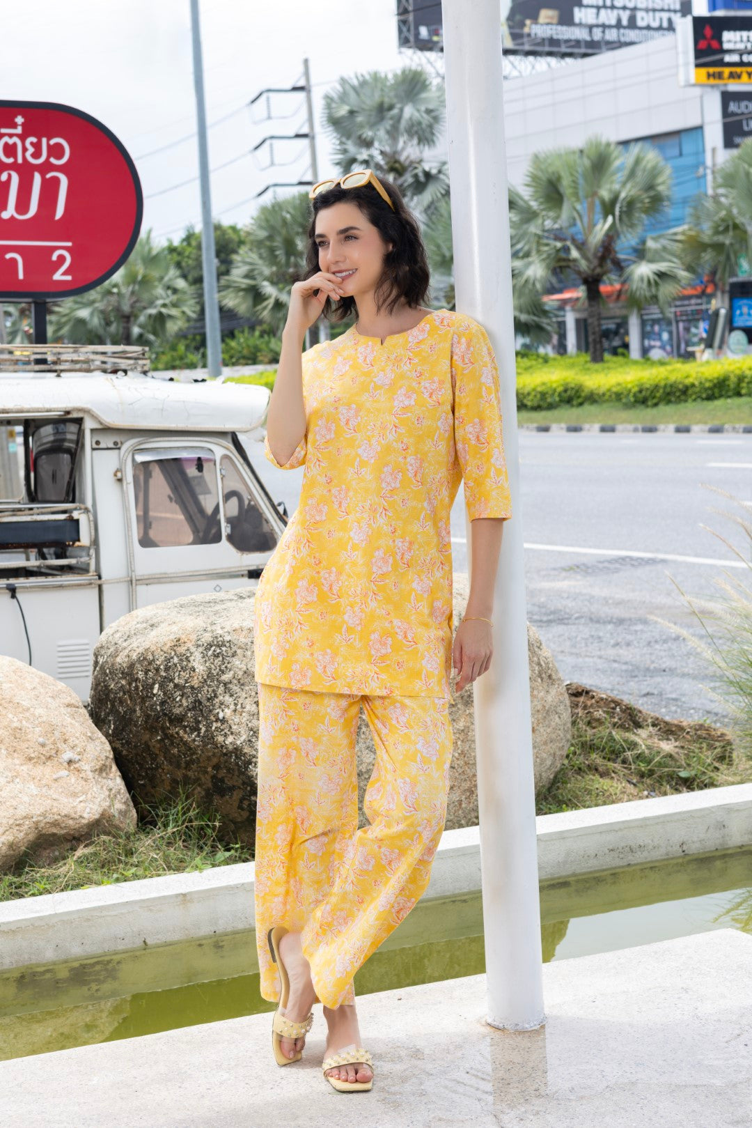 Cotton All Over Print Yellow V Slit Neck Ethnic Set