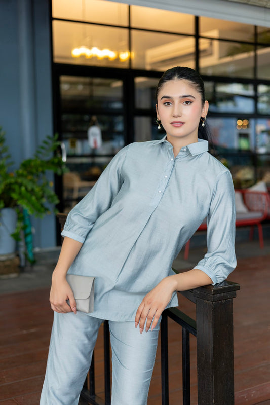 Roman Silk Solid Sky Blue Lumiere Luxe-Premium Co-Ord Set