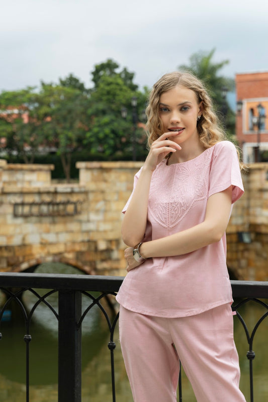 Cotton Chest Print Light Pink Co-Ord Set