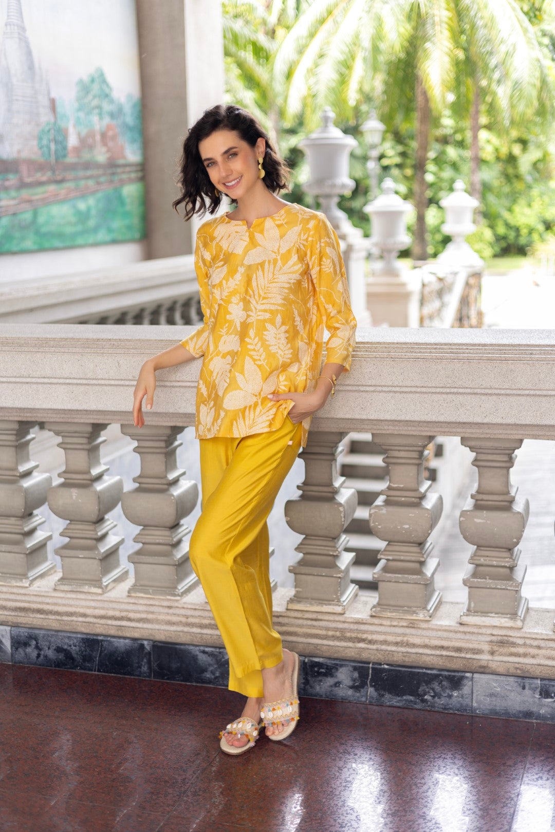 Muslin All Over Print Yellow Plain Ethnic Set