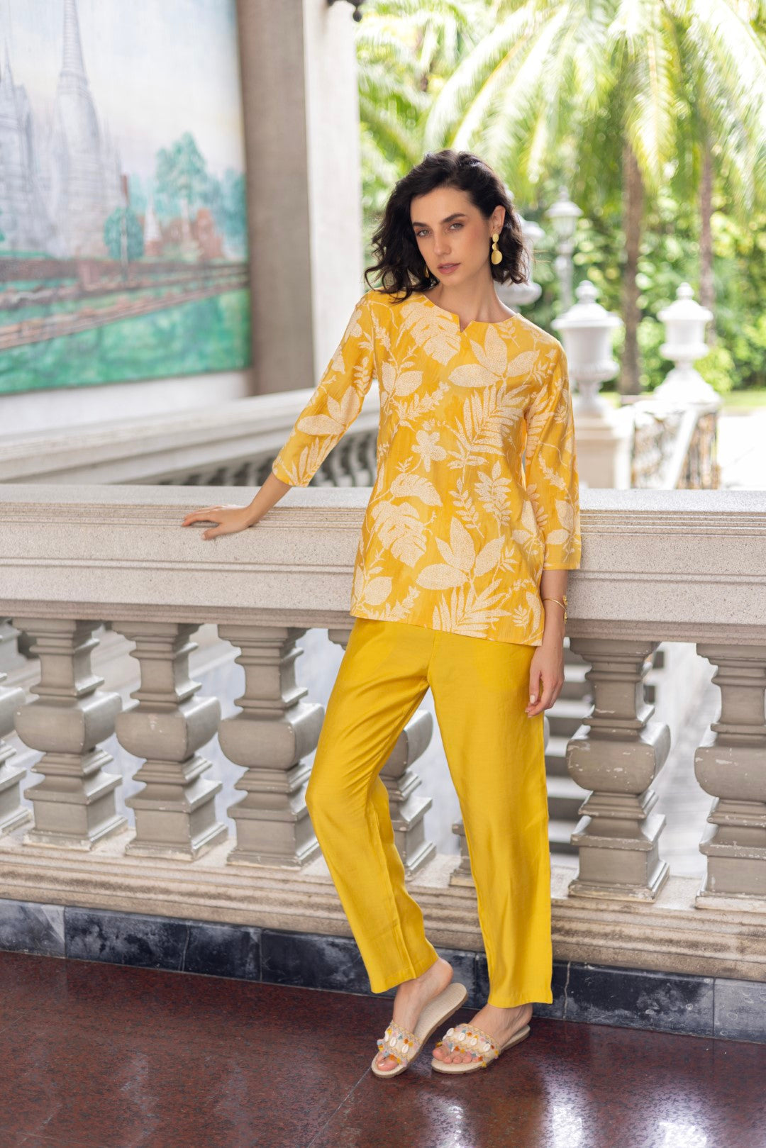 Muslin All Over Print Yellow Plain Ethnic Set