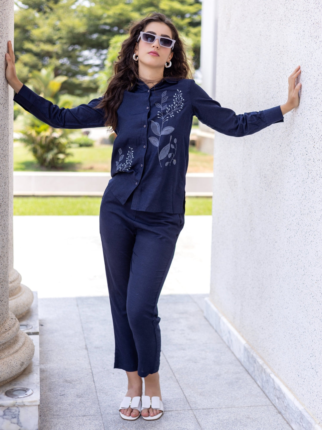 Viscose Linen Navy Blue Solid With Embroidery Co-Ord Set