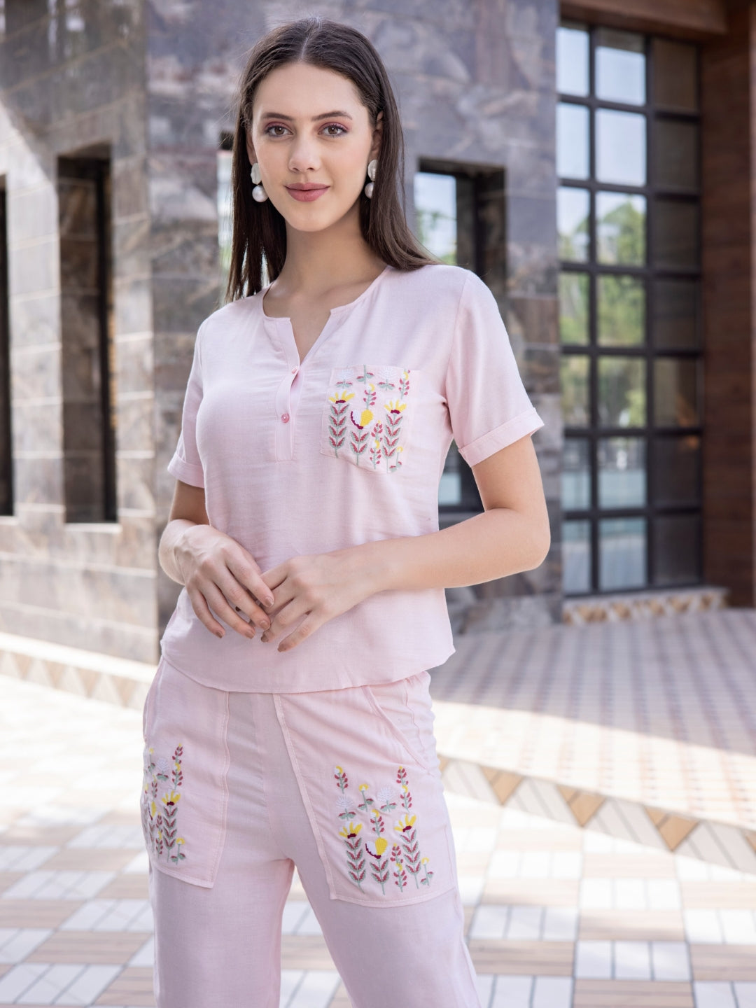 Viscose Linen Natural Embroidery Co-Ord Set